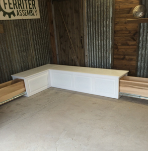 Custom White Banquette- Corner Bench Seat with  Storage Drawers