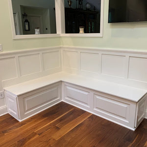 Custom White Banquette- Corner Bench Seat with  Storage Drawers